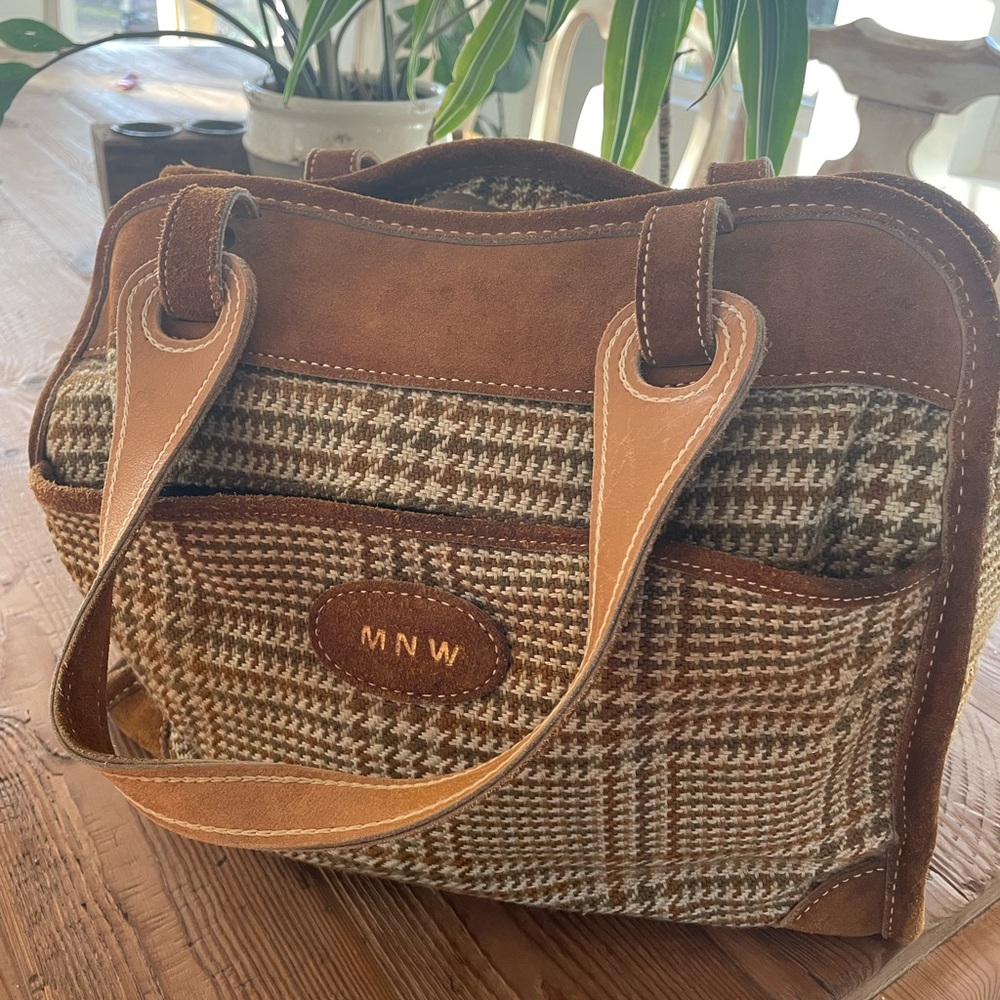 Vintage Brown leather and Houndstooth overnight bag